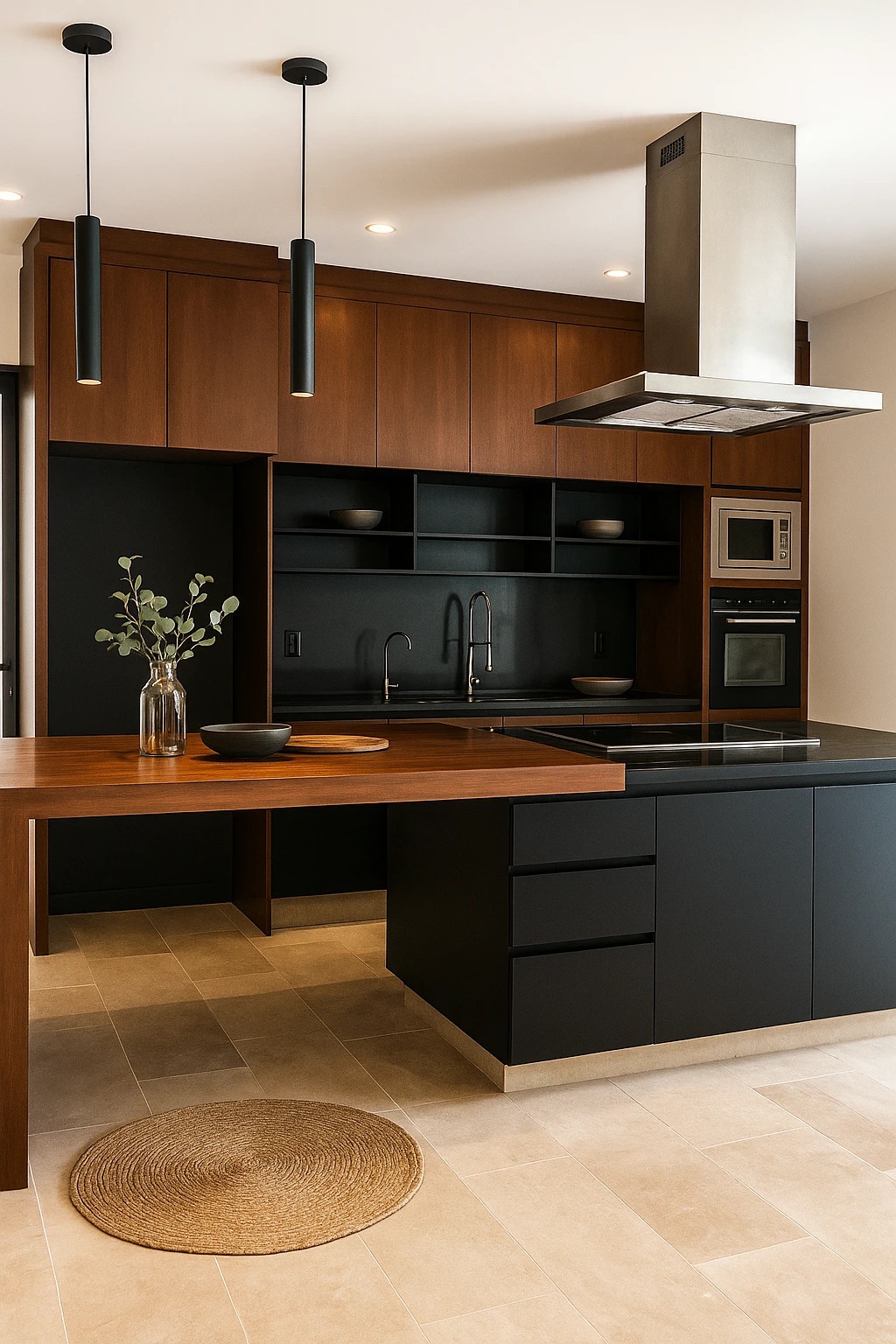 Departamento. Cocina en nogal con repisas abiertas